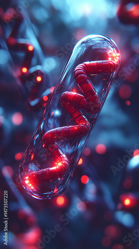 New modern shiny medical capsule in focus with a blurred DNA strand background. Symbolizes advanced biotechnology, precision medicine, and the future of healthcare in a bright, clinical setting.

