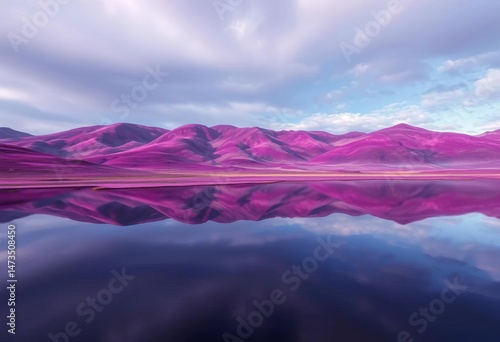 Purple hills reflected in still, dark water; dreamy, surreal landscape, purple, nature