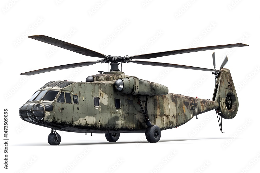 Fototapeta premium Isolated military helicopter with camouflage paint scheme against a white background studio shot