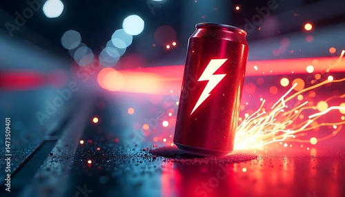 Red Energy Drink Can with Sparks Night City Background
