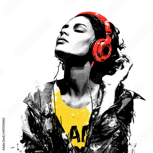 Stylish Woman with Red Headphones - A Bold Pop Art Portrait , isolated on white background png
