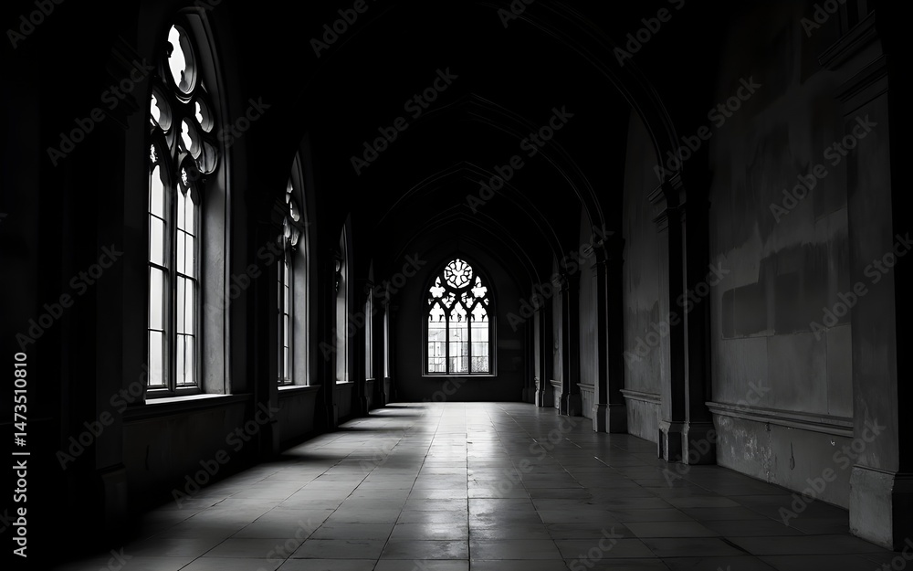 Fototapeta premium Long Dark Monochrome Corridor with Gothic Architecture. High quality