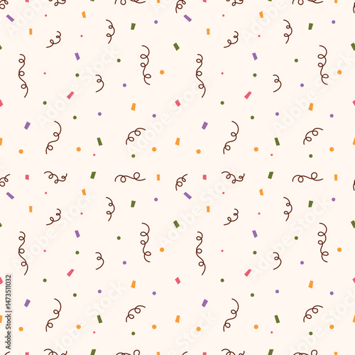 Celebration seamless pattern for birthday with clapper elements. Festive vector background with hand drawn fireworker, confetti elements for scrapbooking, cards, media.