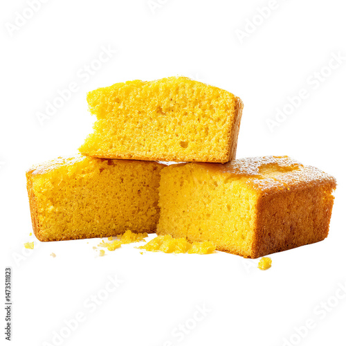 Delicious, golden, and fluffy cornbread pieces, artfully stacked, enticing a feeling of warmth and comfort