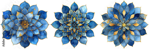 Moroccan flower, watercolor blue and gold flower isolated on transparent background PNG file