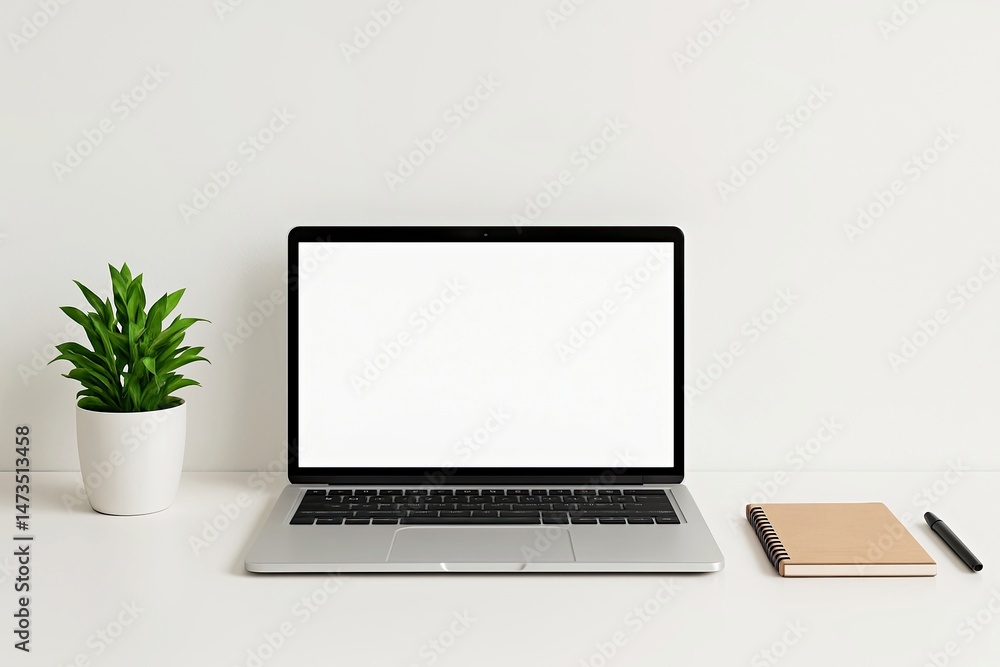 Fototapeta premium White Background Simple Office Workspace Laptop Notebook