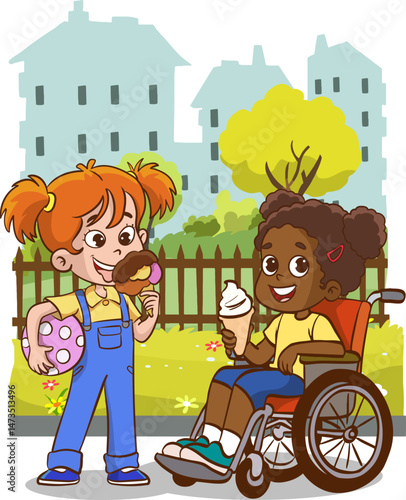 Vector illustration of friends having fun together. Disabled children in wheelchair spending time with best friends. Handicapped person, cheerful young man.