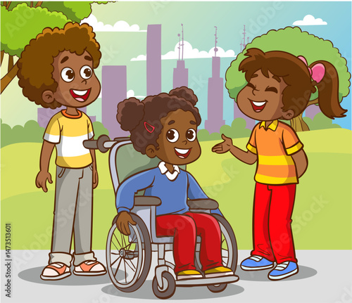 Vector illustration of friends having fun together. Disabled children in wheelchair spending time with best friends. Handicapped person, cheerful young man.