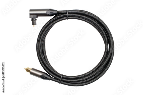 Modern optical audio cable with metal connectors. Audio cable on braided on a white background.