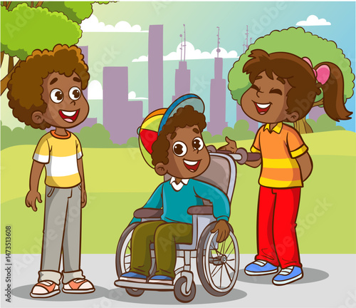 Vector illustration of friends having fun together. Disabled children in wheelchair spending time with best friends. Handicapped person, cheerful young man.