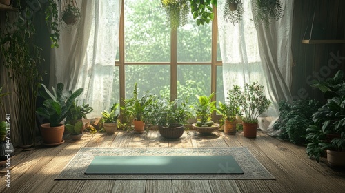 Peaceful yoga space with natural light