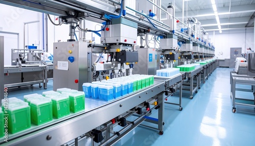 Automated production line fills containers in a bright, clean factory setting