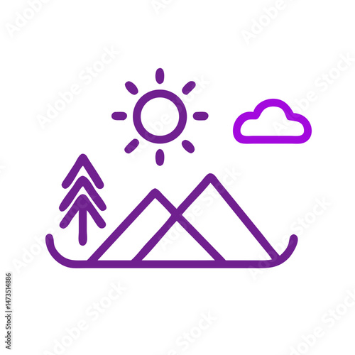 Outdoor adventure icon with mountains, sun, and tree in gradient outline style.