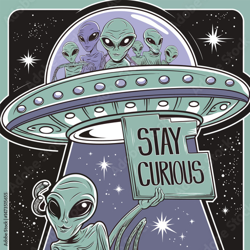 Vintage Retro Alien UFO Spaceship Design Stay Curious Poster Illustration Graphic Art Print Cool Space Galaxy Night Sky Stars Retro Artwork Alien Artwork green image purple vector planet cosmos enigma