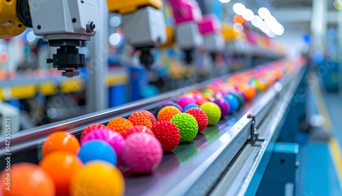 Automated assembly line with colorful spheres, creating vibrant patterns in bright, spacious factory