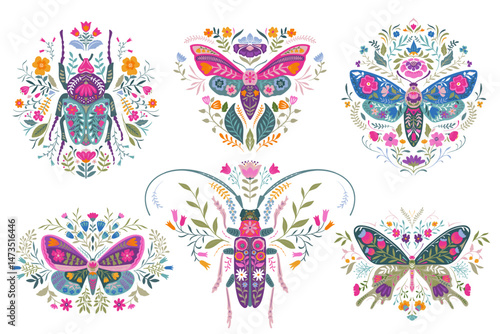 Set of six vector beautiful composition with ornate insects, beetles, butterflies. Folk art floral posters.