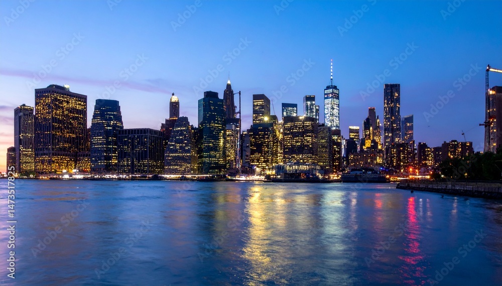 Fototapeta premium Illuminated city skyline at dusk reflecting in water