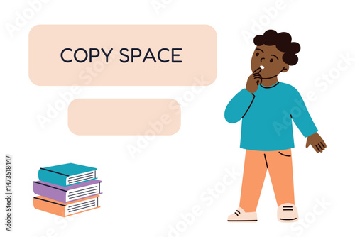Flat cartoon banner for childrens education projects with copy space. Thoughtful kid standing near text area. Concept for school activities, learning, early development, knowledge vector illustration