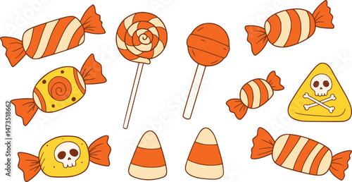 Collection of halloween candy illustrations featuring candy corn, lollipops, wrapped sweets, and a skull-themed treat