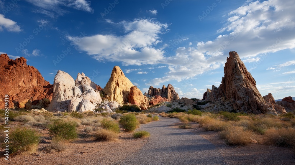 Fototapeta premium Rugged desert terrain showcases vibrant rock layers with long shadows cast by the soft evening light. Patches of grass add contrast to the landscape