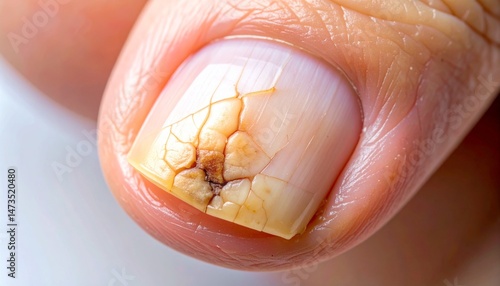 Damaged nail showing discoloration and cracking on human finger, close-up detail