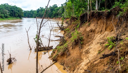 Muddy river flows beside eroded banks with exposed roots and lush green forest in the background