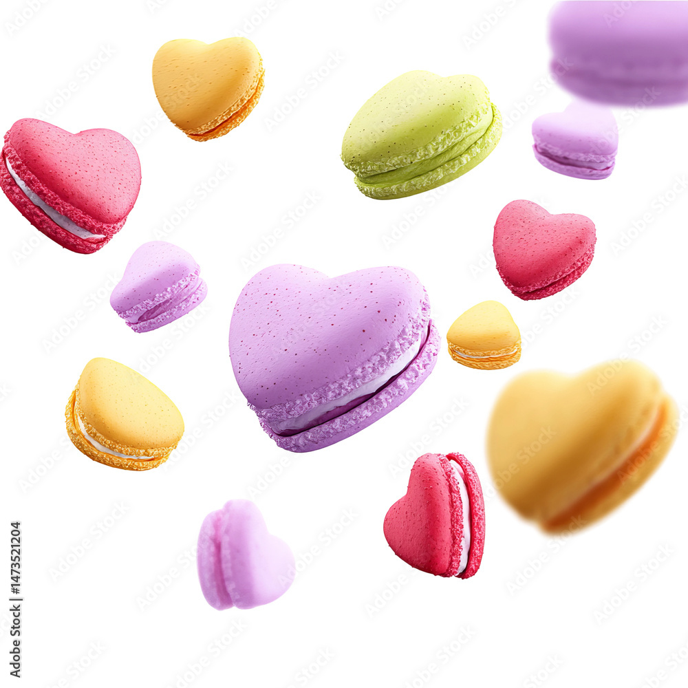 Fototapeta premium Heart-shaped macarons floating in mid-air, showcasing vibrant colors and textures