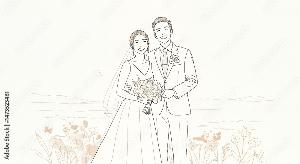 Fototapeta premium Wedding Couple Illustration Smiling Together