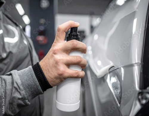 Applying protective film hand holds a white spray bottle near the silver car's surface