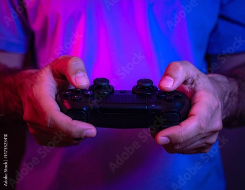 Hands gripping controller, intense gaming vibes, bathed in vibrant neon lighting