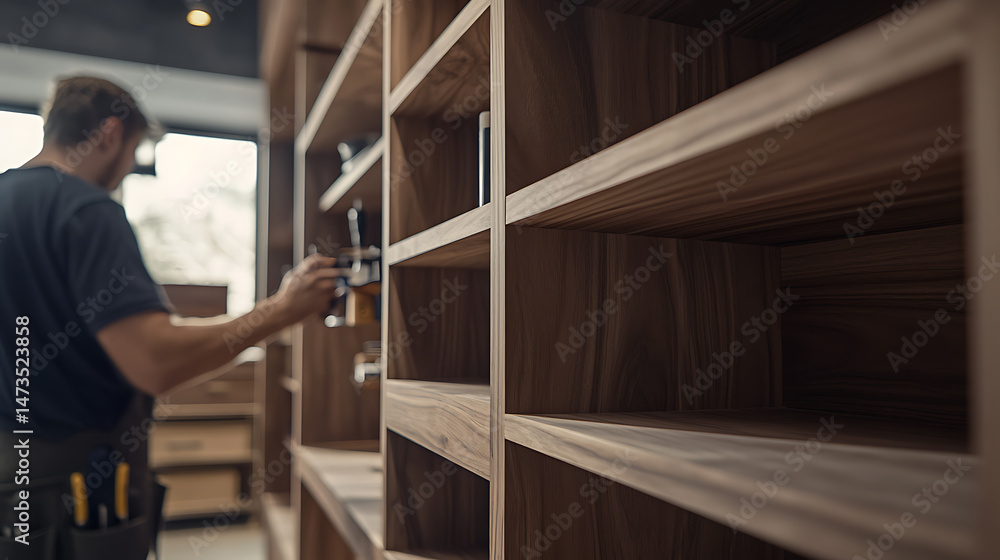 Carpenter Installing Hardware on Wooden Shelves Carpenter Installing Hardware on Wooden Shelves