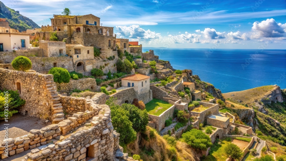 Fototapeta premium Ancient Greek-style stone walls surrounding a scenic hilltop village in Alicudi island, Sicily , greek, island, greek
