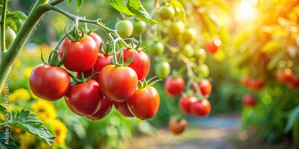 Fresh juicy red tomatoes hanging from a healthy green leafy stem of a thriving tomato plant in a garden on a sunny day , fresh fruit, garden flowers Fresh juicy red tomatoes hanging from a healthy green leafy stem of a thriving tomato plant in a garden on a sunny day , fresh fruit, garden flowers