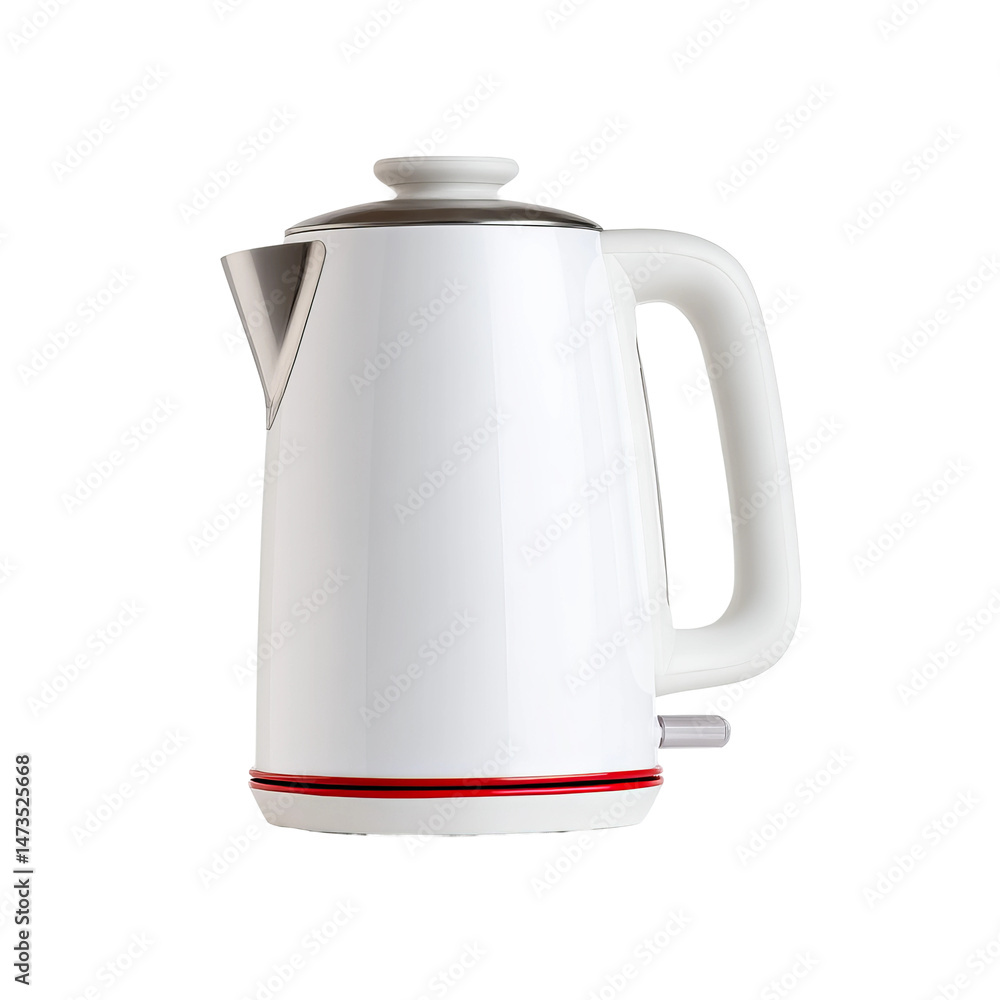 Obraz premium White electric kettle with red base and chrome lid and handle