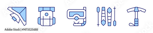 camping, iceaxe, snorkel, hangglider, skiequipment. Adventure Icon vector illustration. Line Duotone style. Editable stroke