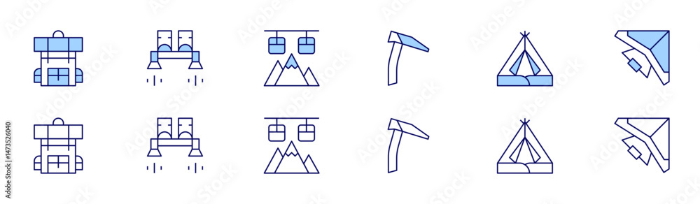 Adventure icon set in two styles, Duotone and Thin Line style. Editable stroke. adventure, iceaxe, flyboard, campingtent, cablecar, hangglider