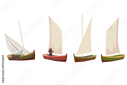 Set sailboat retro ship, fishery, travel vessel