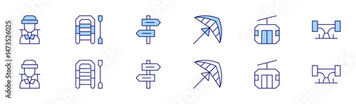 Adventure icon set in two styles, Duotone and Thin Line style. Editable stroke. adventurer, hanggliding, liferaft, cablecarcabin, signpost, skateboard