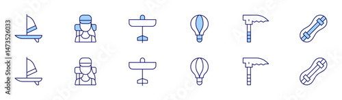 Adventure icon set in two styles, Duotone and Thin Line style. Editable stroke. windsurf, traveler, ultralight, hotairballoon, climbingequipment, snowboard