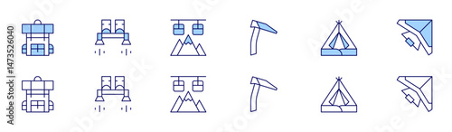 Adventure icon set in two styles, Duotone and Thin Line style. Editable stroke. adventure, iceaxe, flyboard, campingtent, cablecar, hangglider