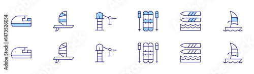 Adventure icon set in two styles, Duotone and Thin Line style. Editable stroke. waterscooter, ski, windsurf, waterskiing, zipline