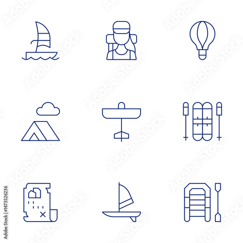 Adventure icons set. Thin Line style, editable stroke. hotairballoon, liferaft, ski, tent, traveler, treasuremap, ultralight, windsurf