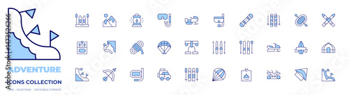 Adventure icons collection. Line Duotone style, editable stroke. ski, rockclimbing, rope, safari, skii, pass, quad, surf, tent, slalom, archery, oillamp, snorkeling, raft