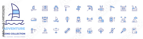 Adventure icons collection. Line Duotone style, editable stroke. waterscooter, ski, windsurf, waterskiing, traveler, zipline, ultralight, hotairballoon, canoe