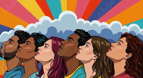 Diverse Faces Looking Up in Pop Art Style for Lgbtq Pride Celebration with Abstract Background of Intersecting Lines and Clouds Colorful Illustration Evokes Unity