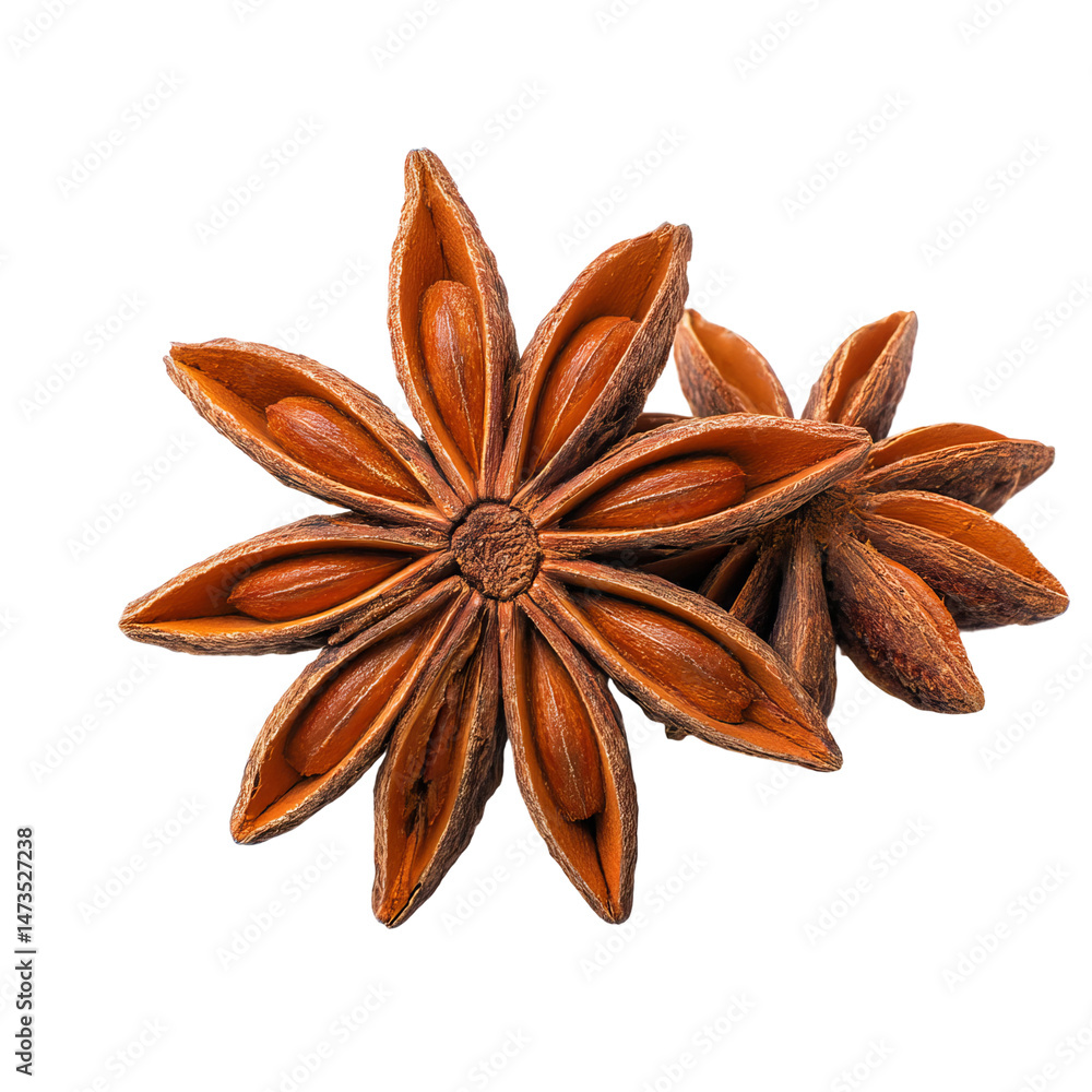 Star anise spice with a warm brown hue and intricate shape, photographed in a close-up style. The unique structure and color create a sense of warmth and aroma Star anise spice with a warm brown hue and intricate shape, photographed in a close-up style. The unique structure and color create a sense of warmth and aroma