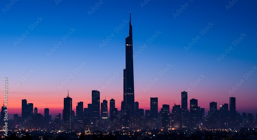 Fototapeta premium Nanjing Skyline Ascending: Skyscrapers Illuminate Evening Twilight, Modern Architecture Reflecting City Lights in Silhouette Against Blue Hour Sky, Stunning View