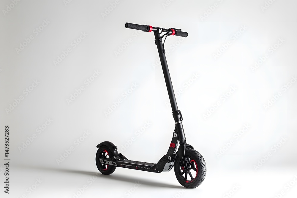 A black and red electric scooter is displayed against a plain white studio background for a product shot A black and red electric scooter is displayed against a plain white studio background for a product shot