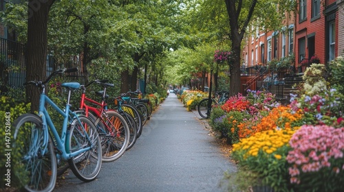 Urban street lined with colorful flowers and parked bicycles. Lush greenery and charming buildings create a peaceful neighborhood atmosphere