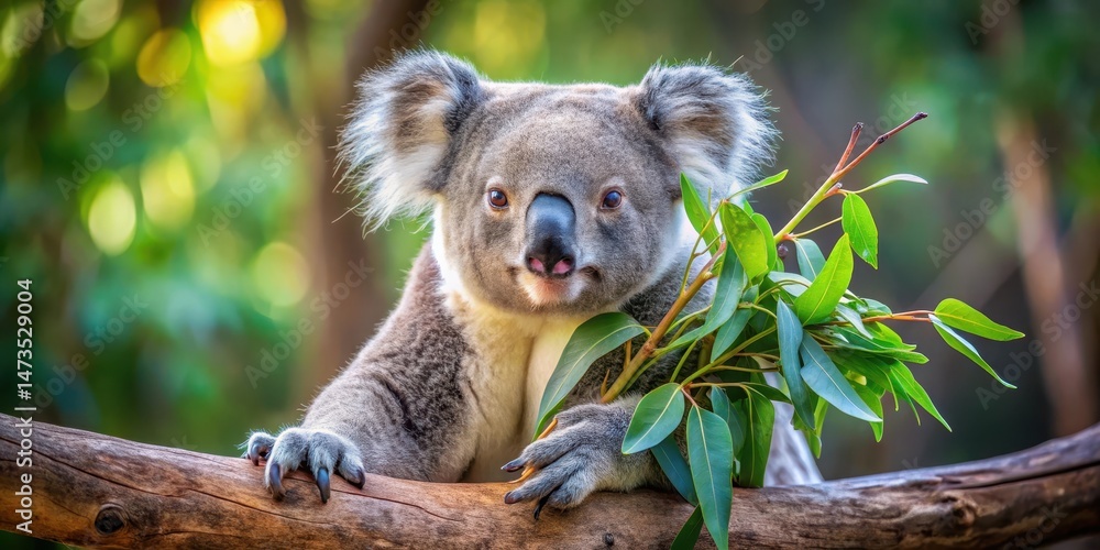 Fototapeta premium Koala bear sitting on a branch with eucalyptus leaves in its mouth and paws curled around it , outdoor, animal
